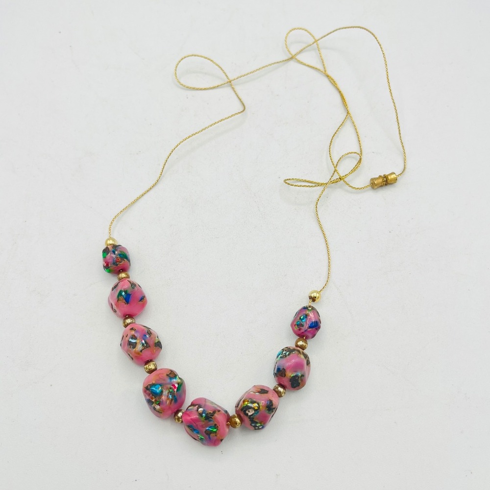 Vintage Pink Art Glass Foil Bead Necklace Gold Tone Barrel Clasp 29 Inch Long